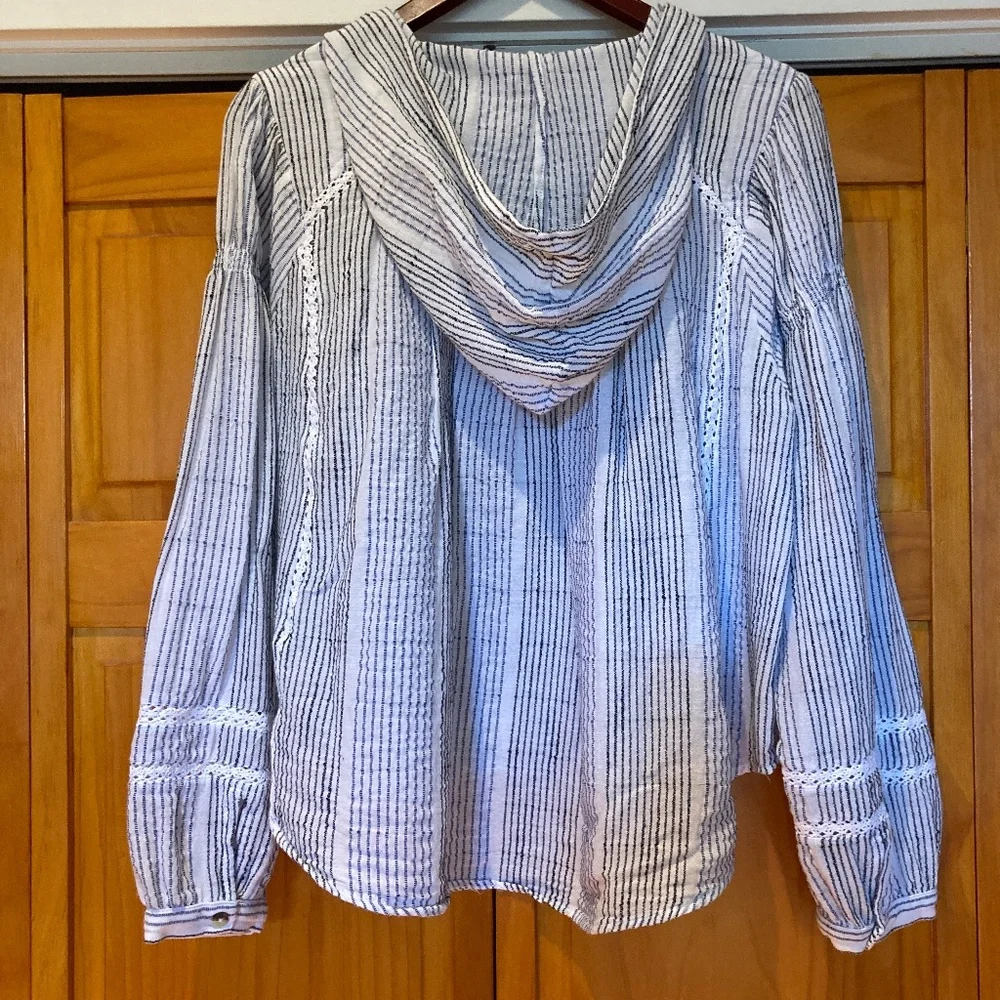 Free People Hooded Puff Sleeve Swing Shirt White, Black, Blue Stripes Size XS